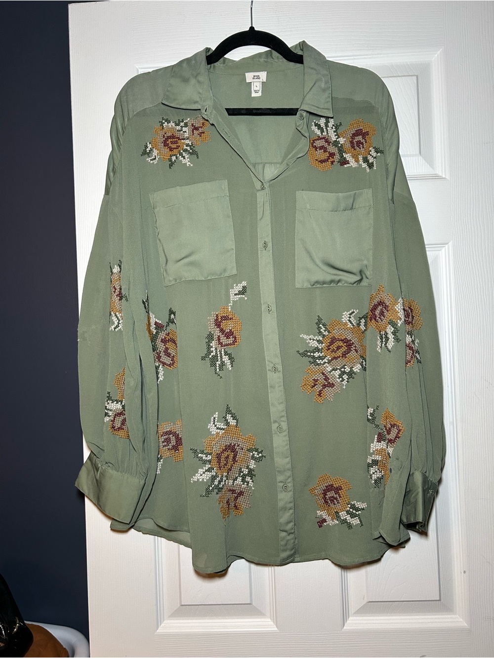 River Island Olive Green Floral Button-Down Shirt